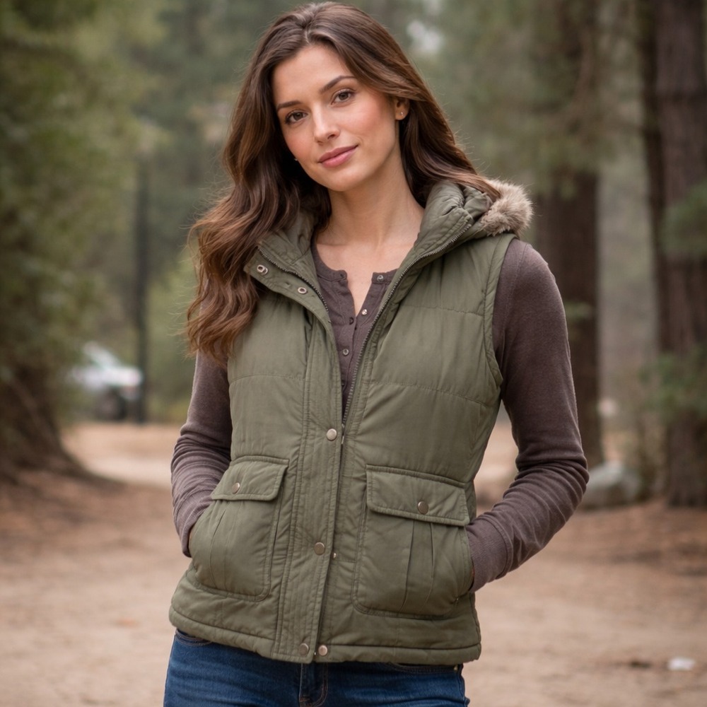Gap Puffer Vest Womens Small Army Green Removable Hood Faux Fur Lined Utility‎